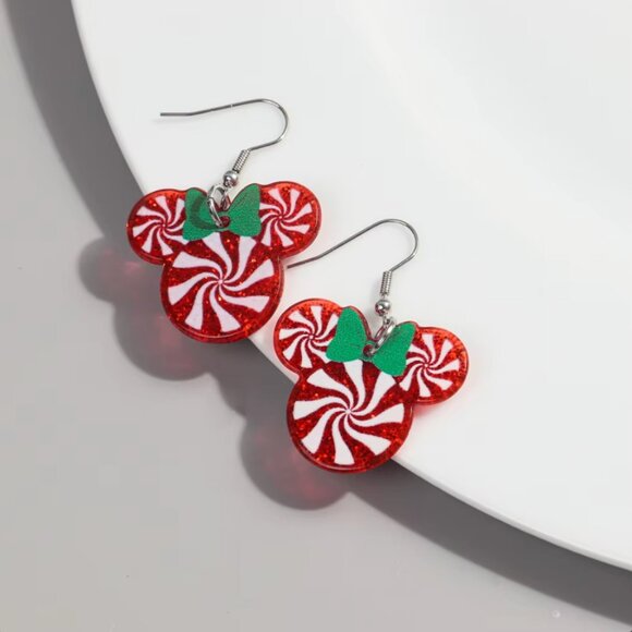 Minnie Mouse Red Peppermint Swirl Dangle Drop Earrings NEW - Picture 4 of 6